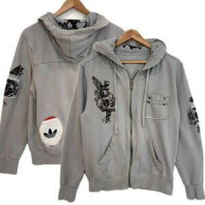 Stylo Skull & Cross Graphic Zip Hoodie Mens Size Small Grey Goth Embellished Y2K